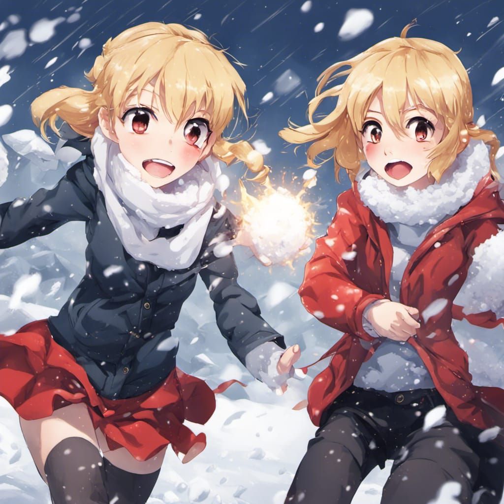 Anime Snowball Fight with Three Girls