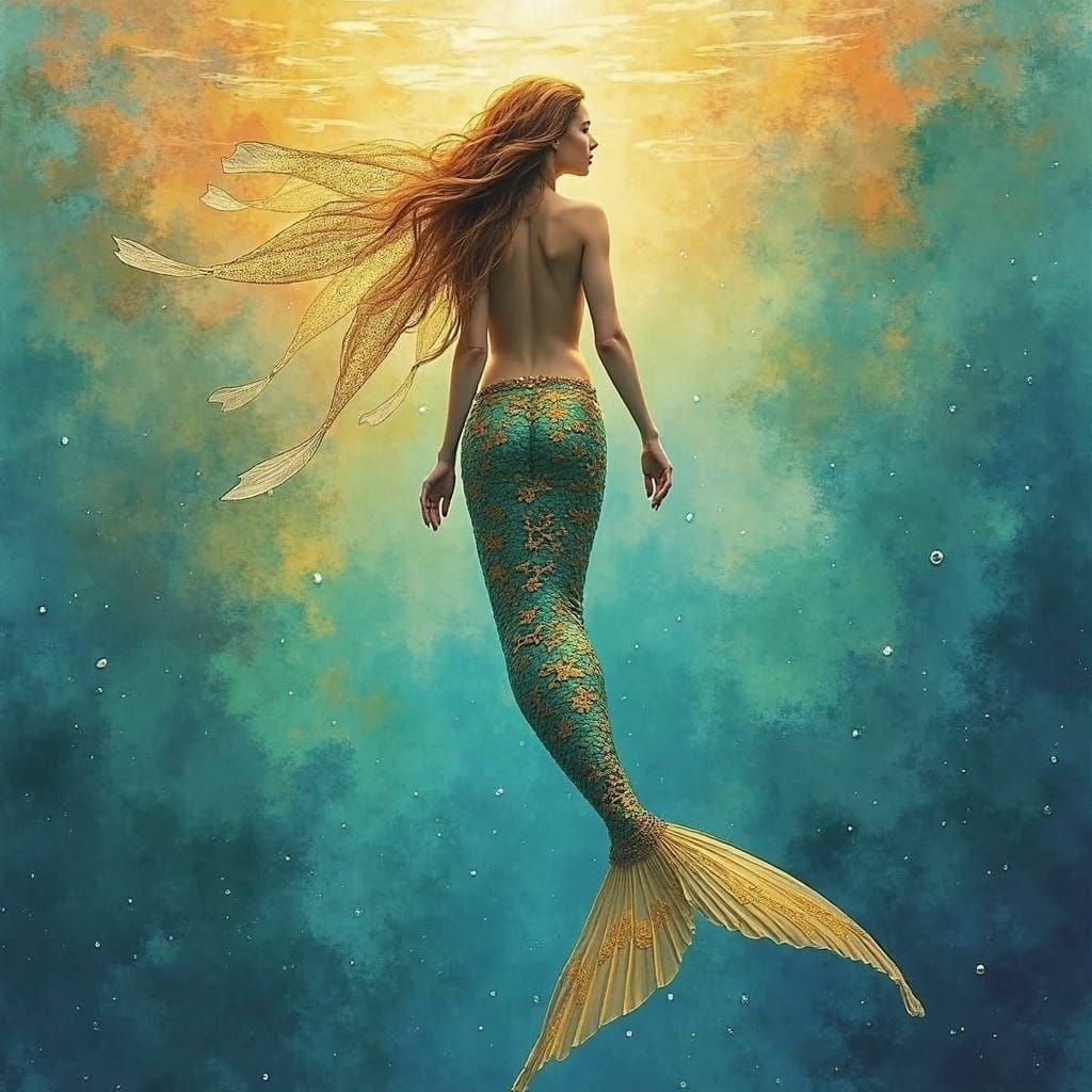 Lemuria Watercolor Painting with Angelfish and Mermaids