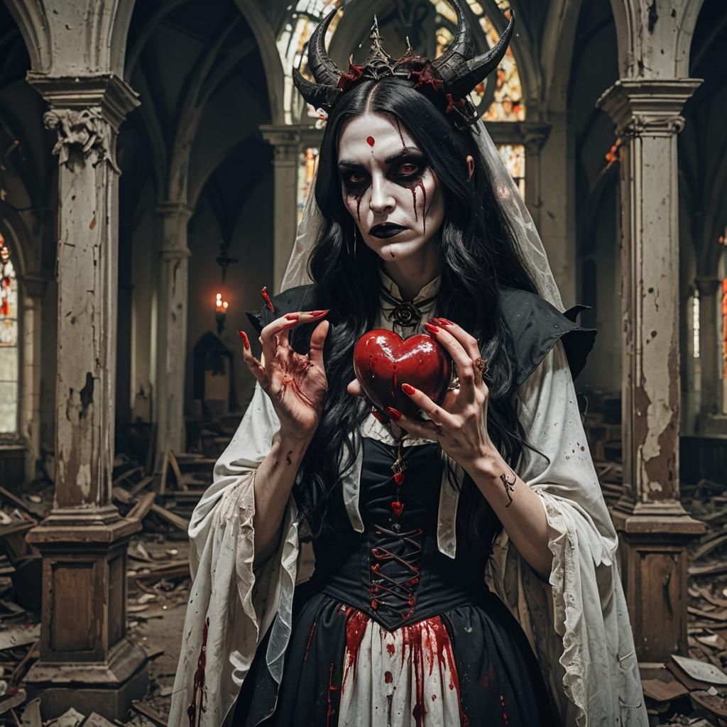 Witch Praying in Abandoned Church with Bloody Heart