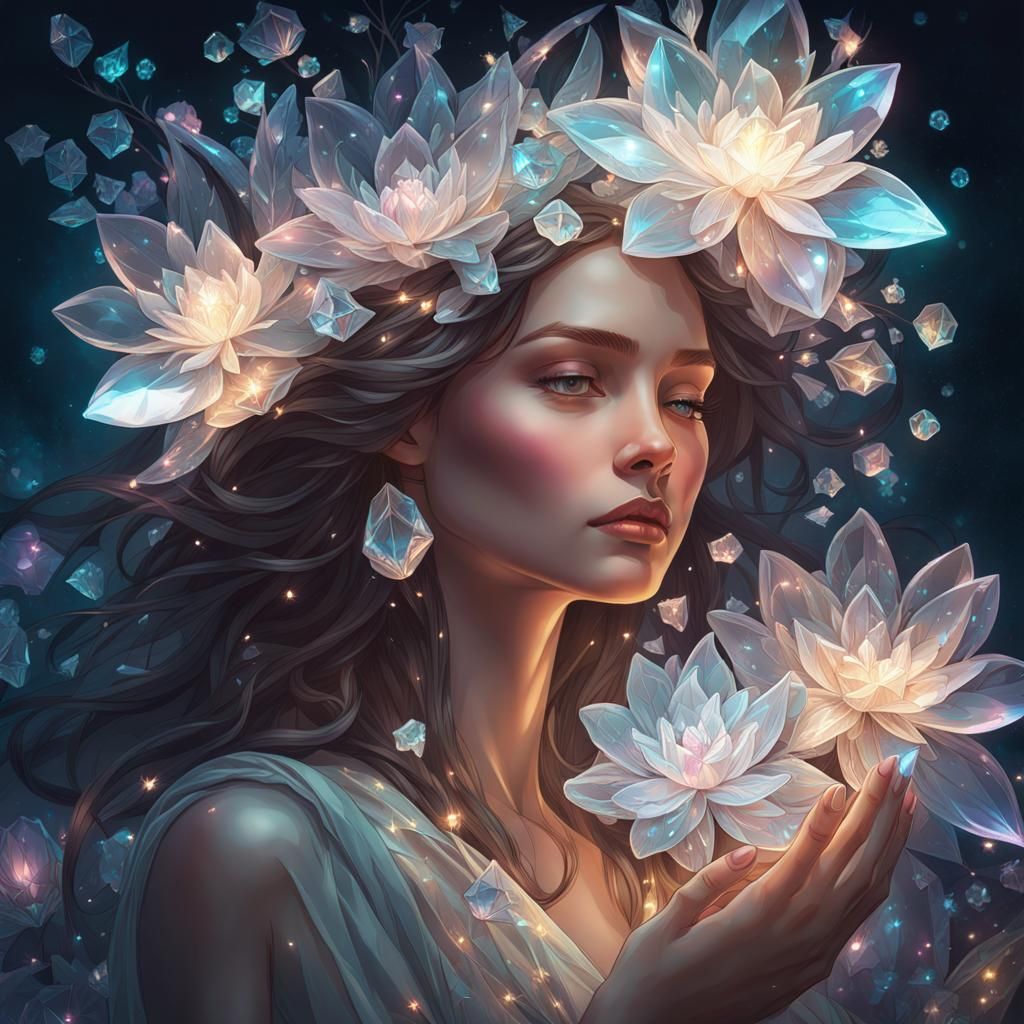 Ethereal Woman Adorned with Crystal Flowers