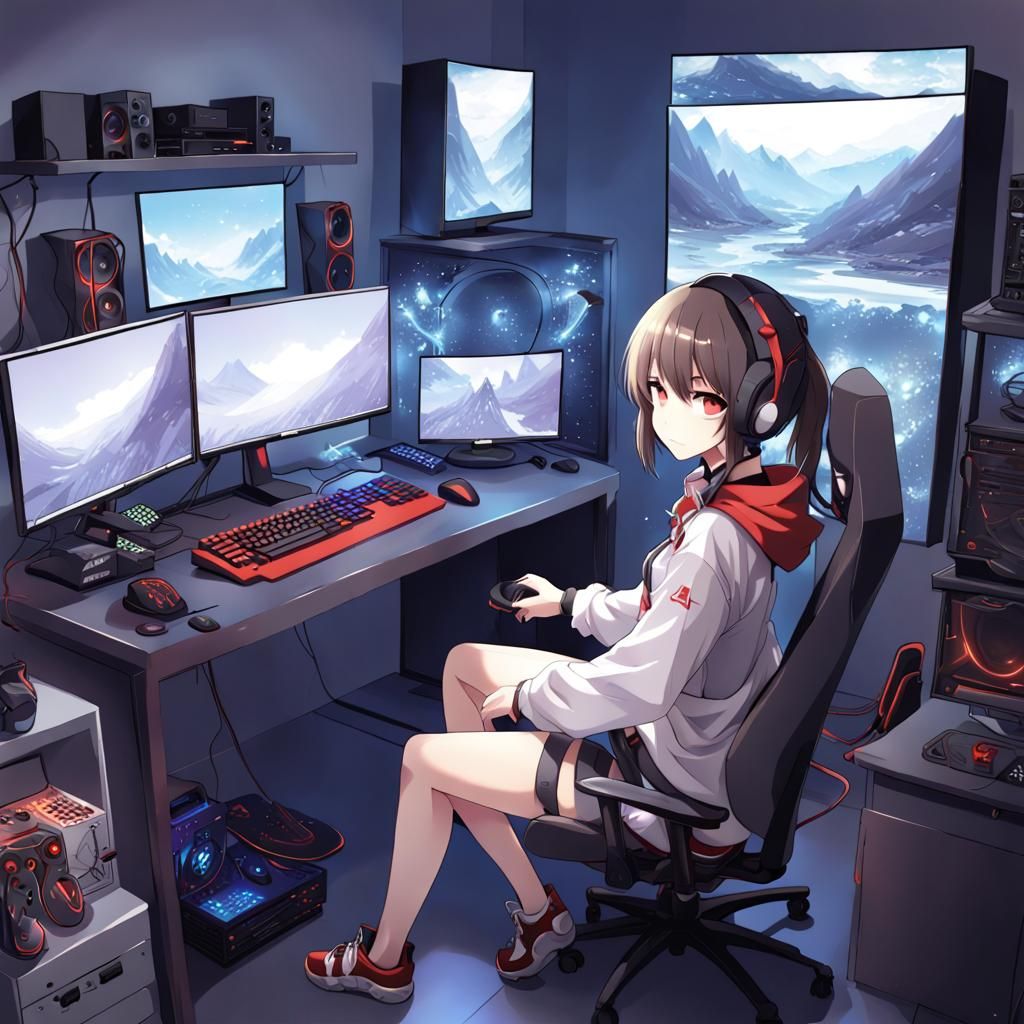 Anime Style Gaming PC Setup Illustration
