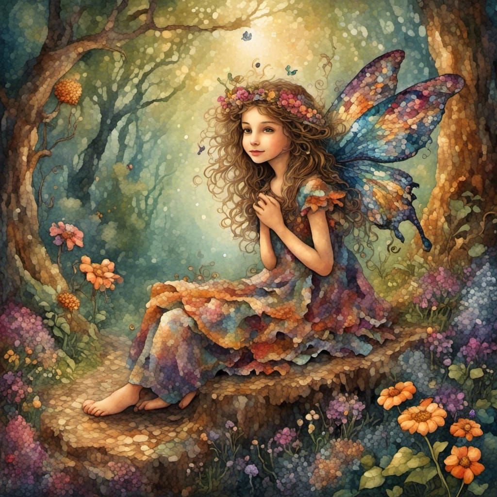 Naive Painting of Fairy on Ribbon in Forest