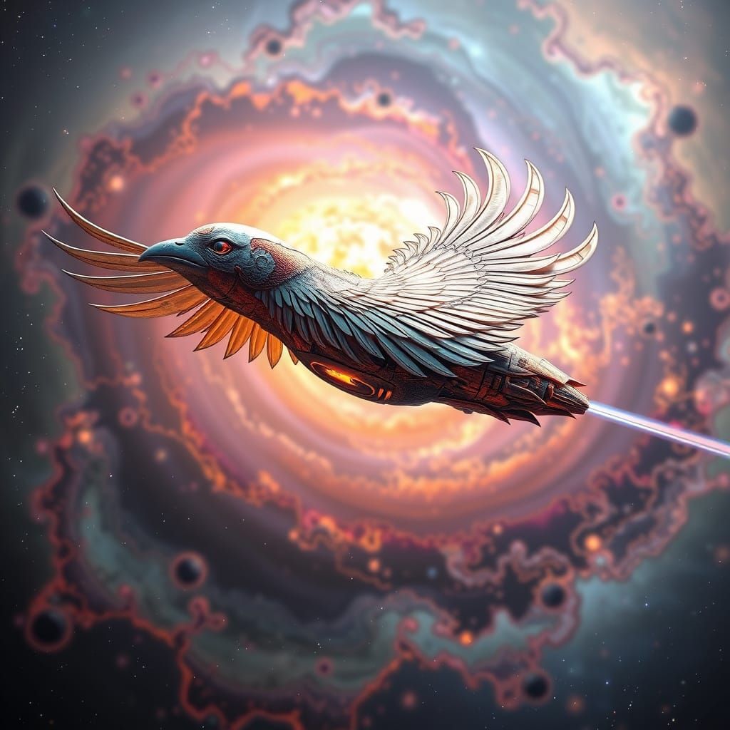 Organic Spaceship Bird Flying Through Colorful Galaxy