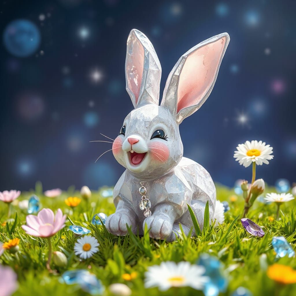 Crystal Bunny in Sapphire Meadow, Holographic Illustration