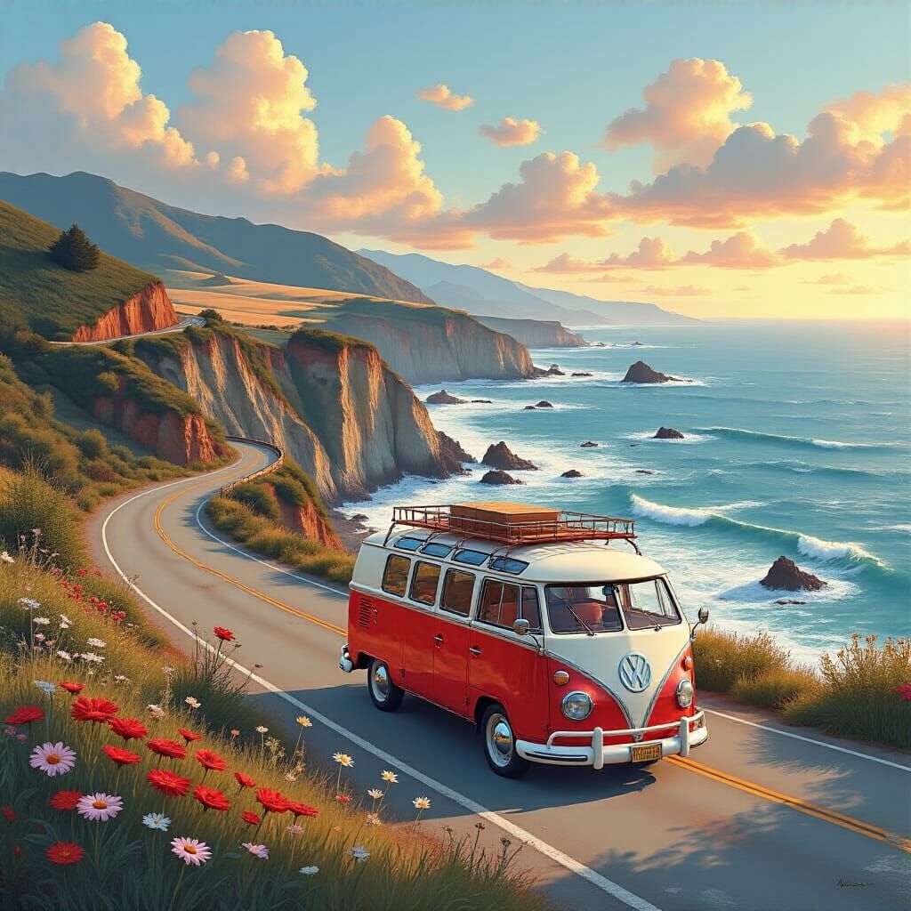 Vintage VW Bus on California Coast at Sunset