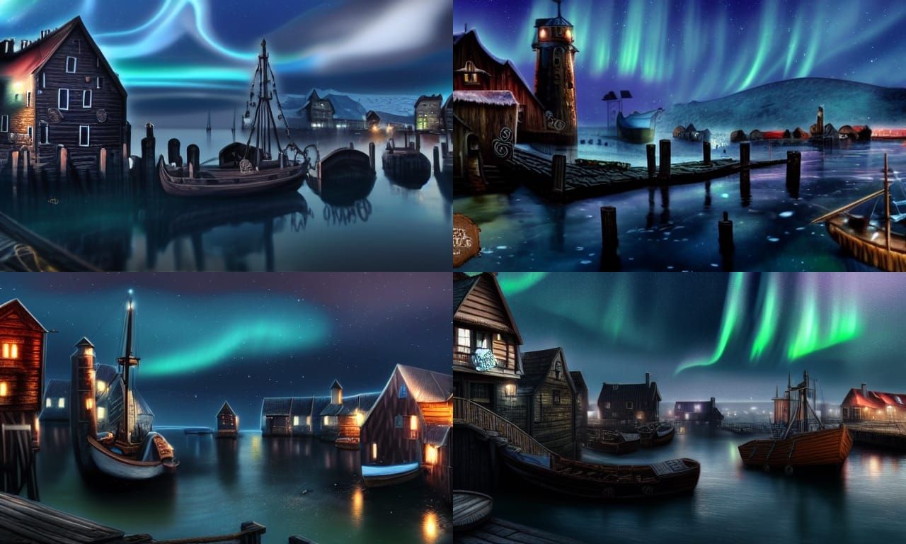 Norse Town at Night with Northern Lights