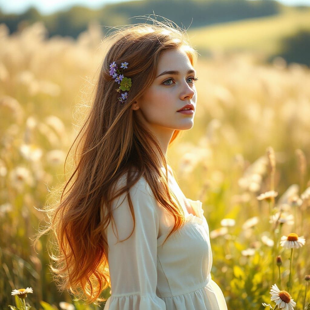 Young Woman in Sun-Drenched Meadow, Impressionistic Style