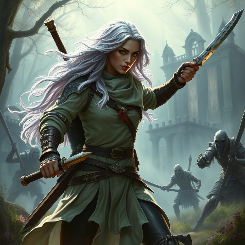 Fierce Female Ranger in Mystical Forest Battle Scene