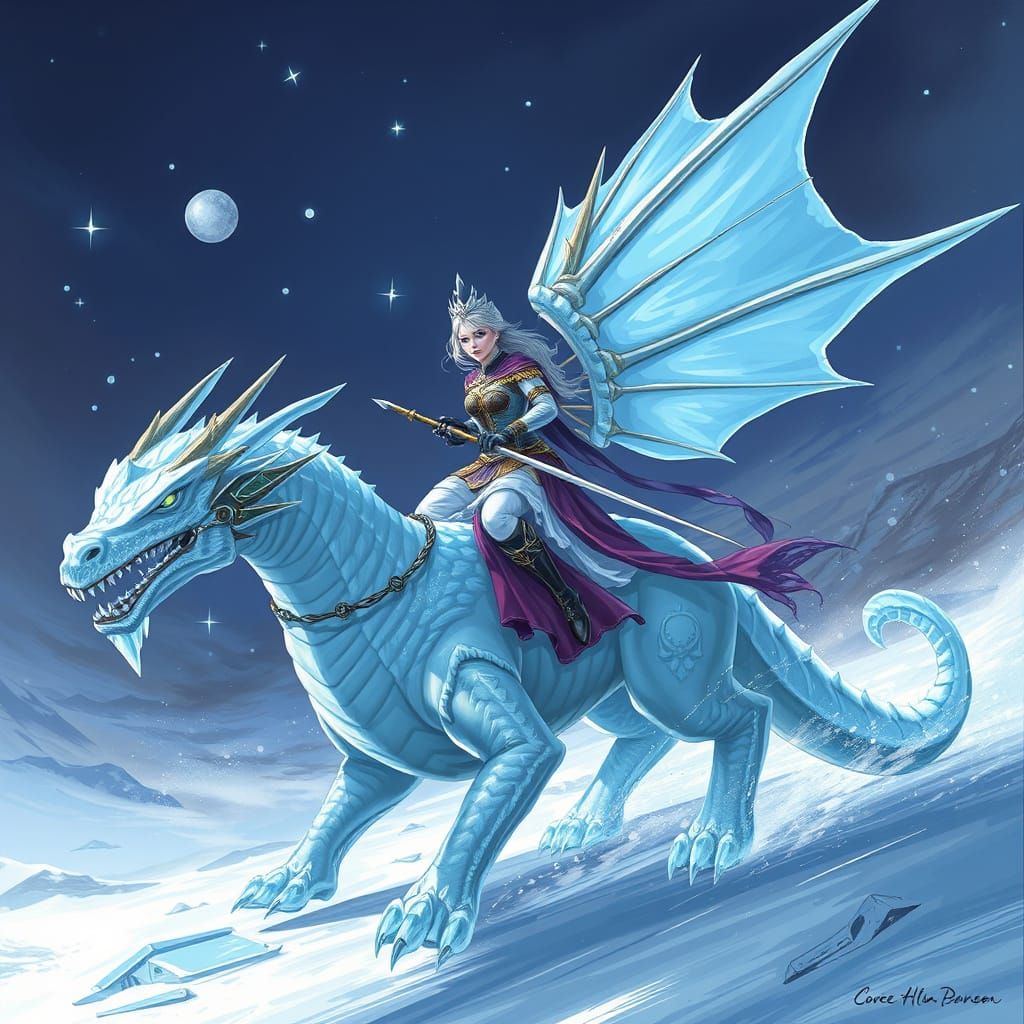 Ethereal Ice Warrior Princess Rides Majestic Frost Dragon
