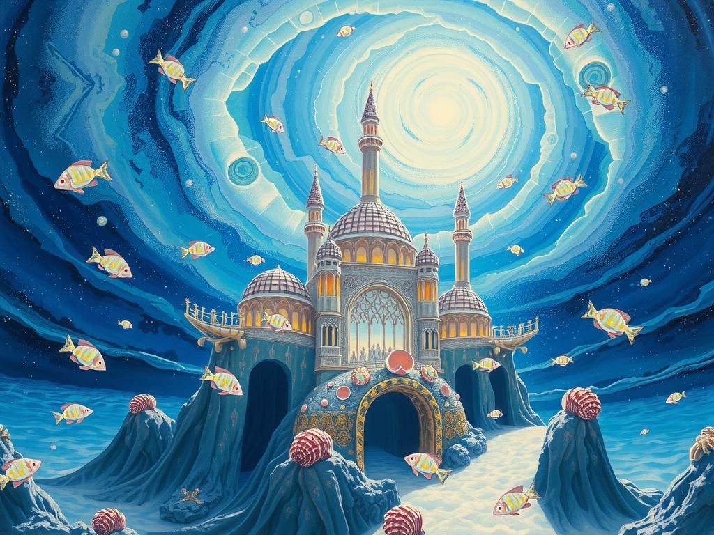 Underwater Sandcastle in Astral Realm: a Gouache Painting