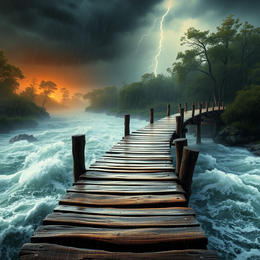 Dramatic Wood Bridge in Turbulent Stormy Weather