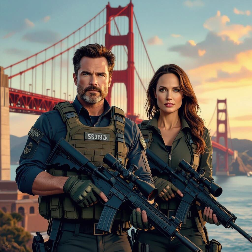 Movie Poster with Sniper Guns Before Golden Gate Bridge