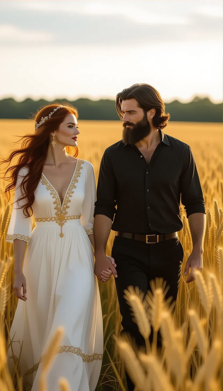 Couple in Golden Wheat Field: Cinematic Film Still
