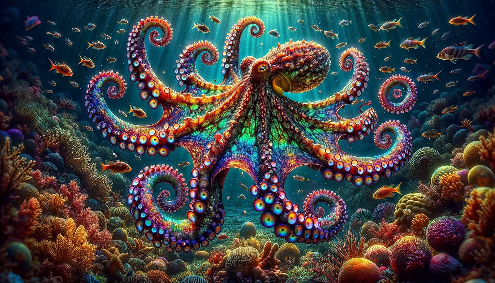 A iridescent octopus in the deep ocean