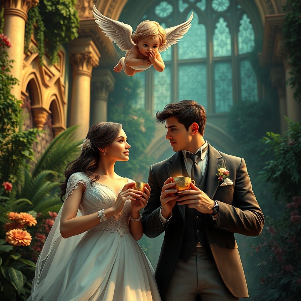 Loving Couple Surrounded by Whimsy, with Angelic Watchful Ey...
