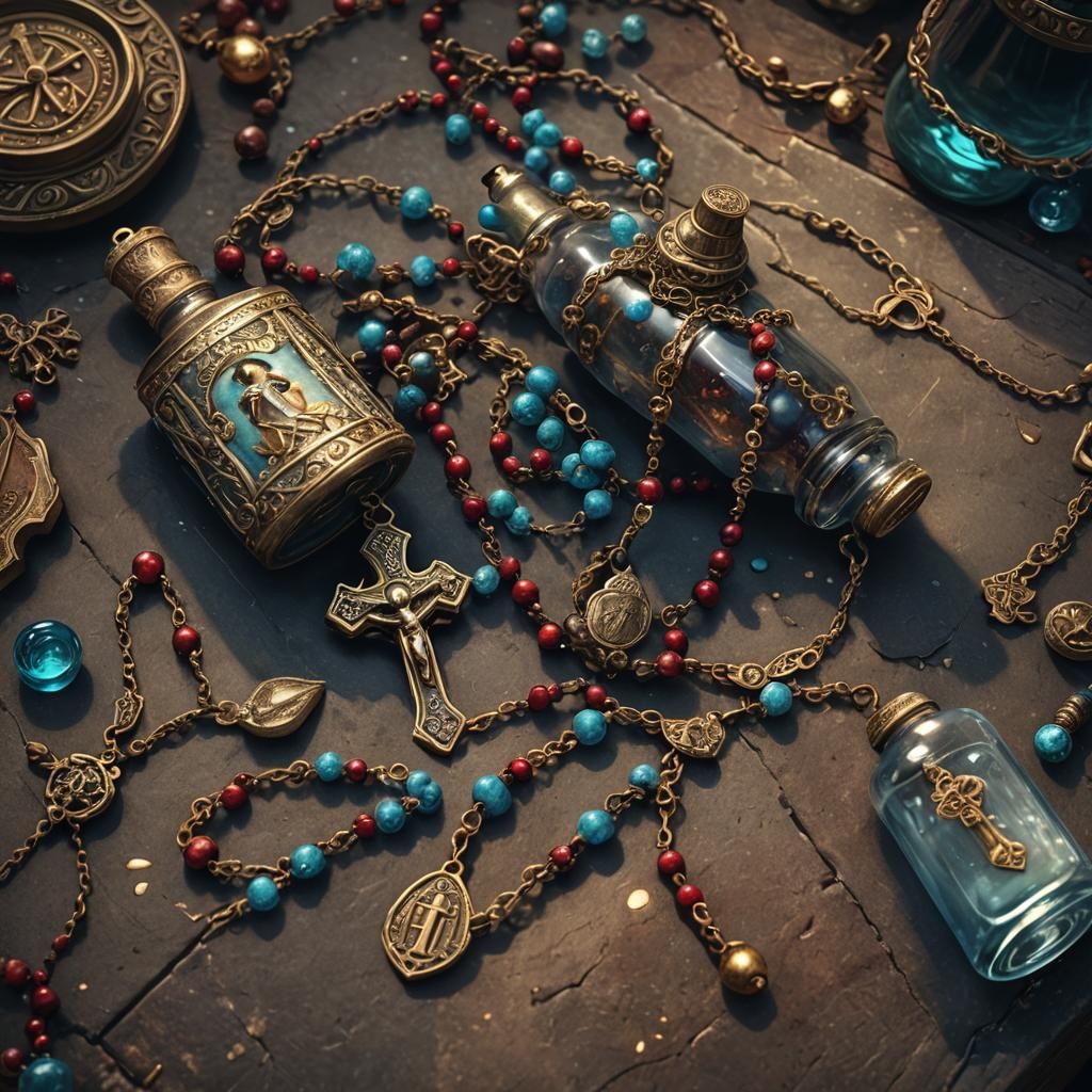 A most beautiful rosary and a bottle of Holy Water
