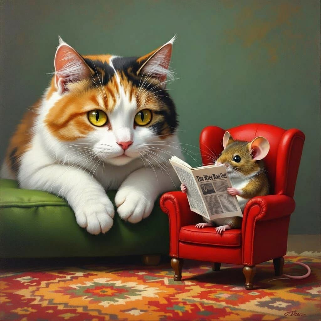 Cat and Mouse Enjoying a Quiet Moment in Realistic Painting