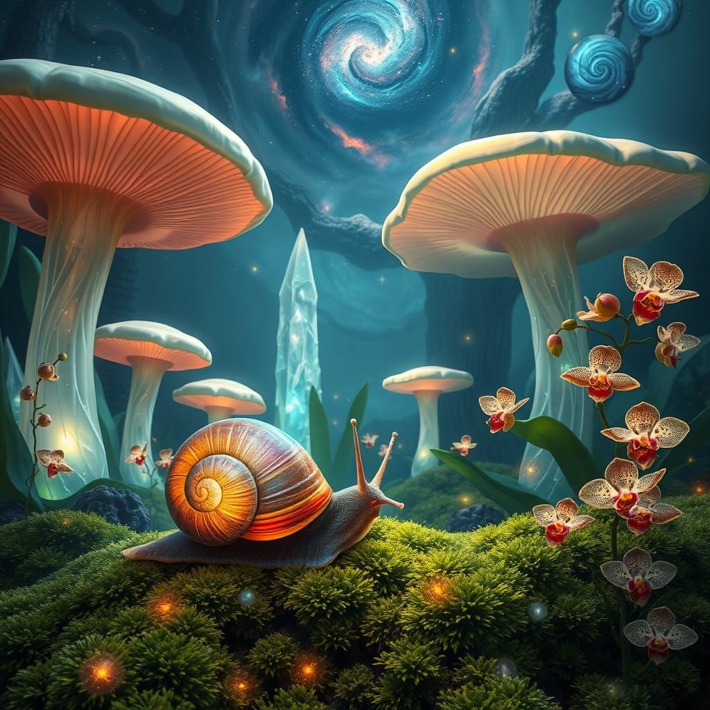 Iridescent Snail in Bioluminescent Dream Forest