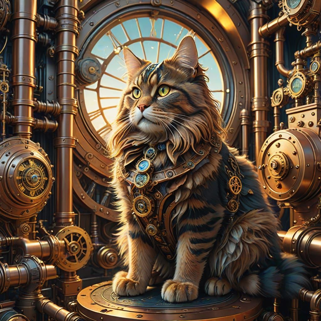 Steampunk Maincoon Amidst Gears and Machinery