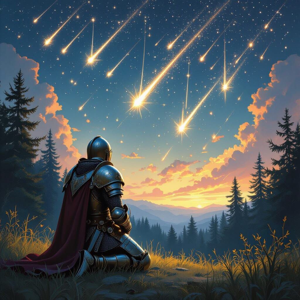Knight Watches Meteor Shower in Fantasy Landscape