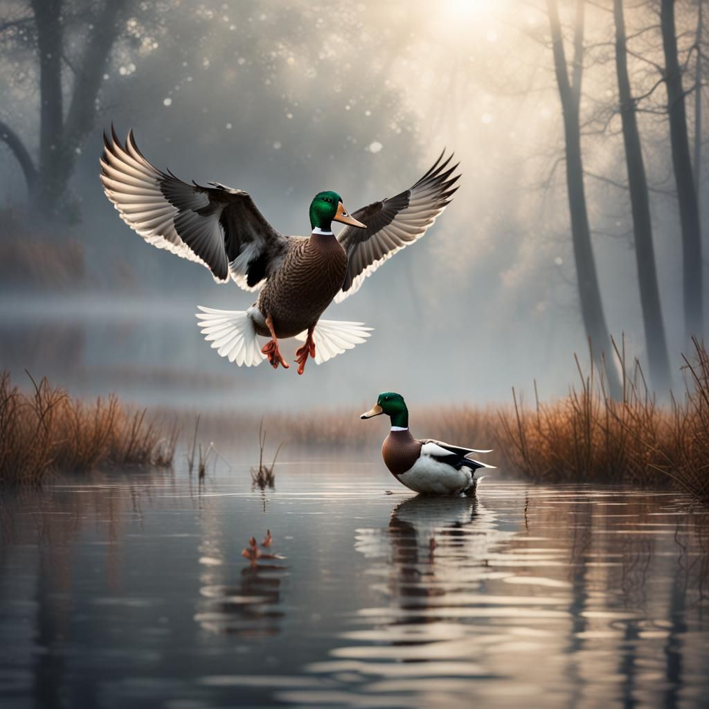 Mallard Ducks Landing on Foggy Winter Pond