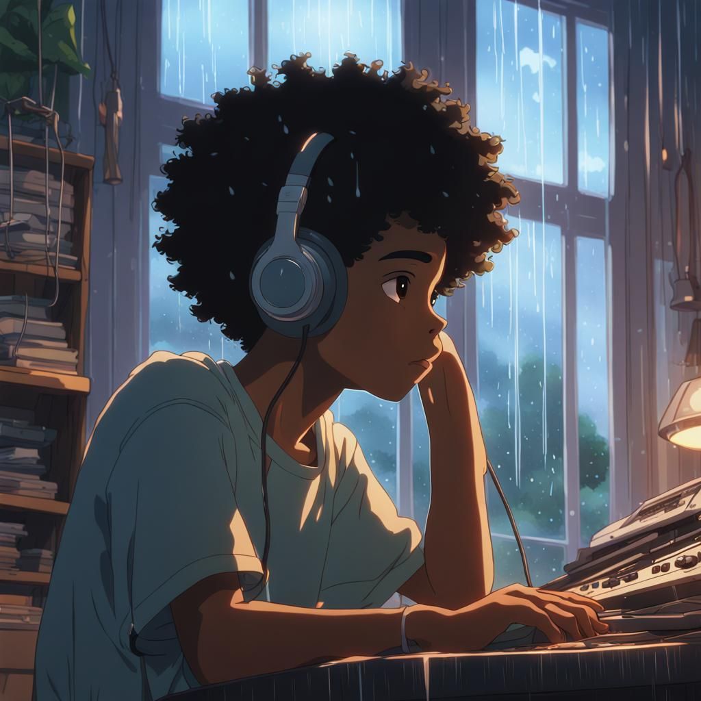 Anime-Style Boy Listening to Music on Rainy Day