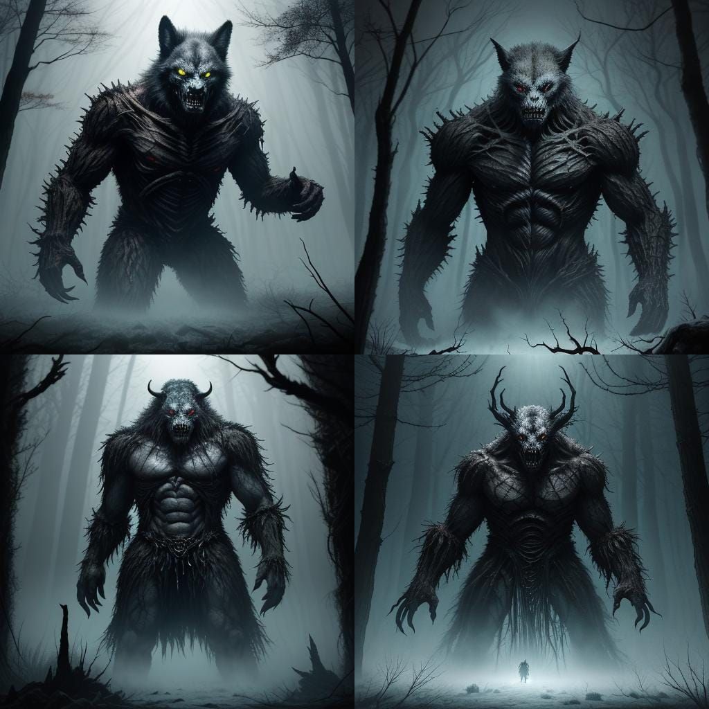 Grotesque Folklore Creatures Gathering in Eerie Forest