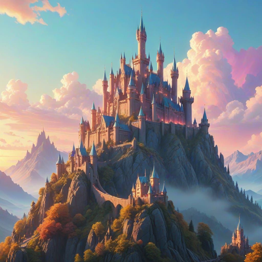 Fantasy Castle on Mountain at Dawn
