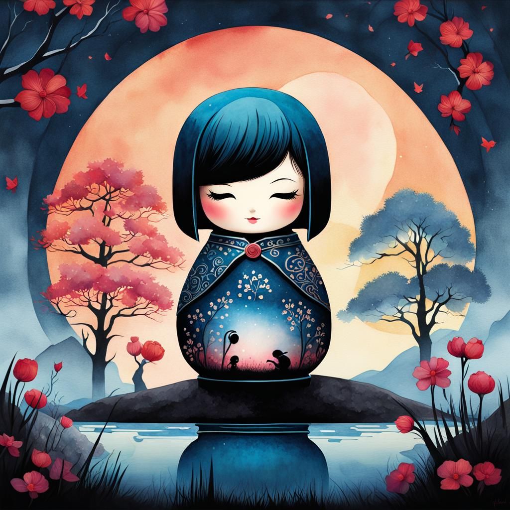 Chibi Kokeshi Doll in Winter Sun, Art Brut Style