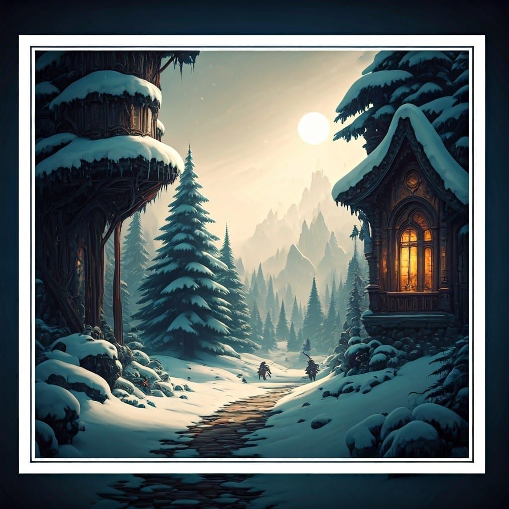 Vintage Christmas Postcard in Dreamlike Matte Painting Style