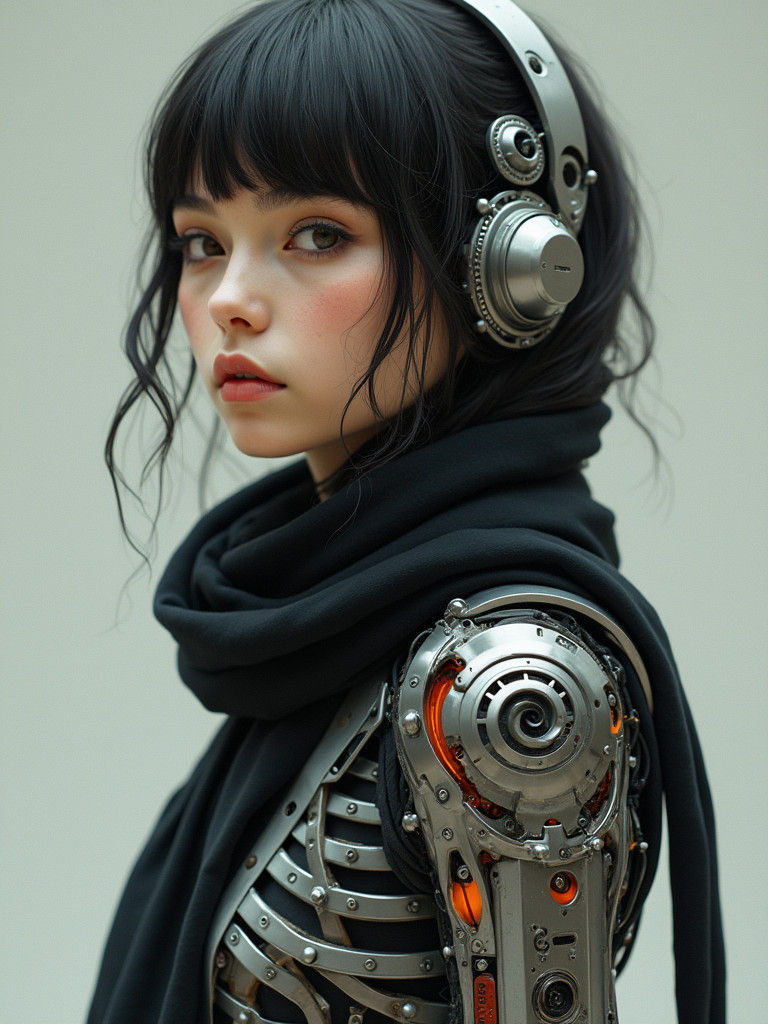 Woman with Bionic Arm and Visible Artificial Brain