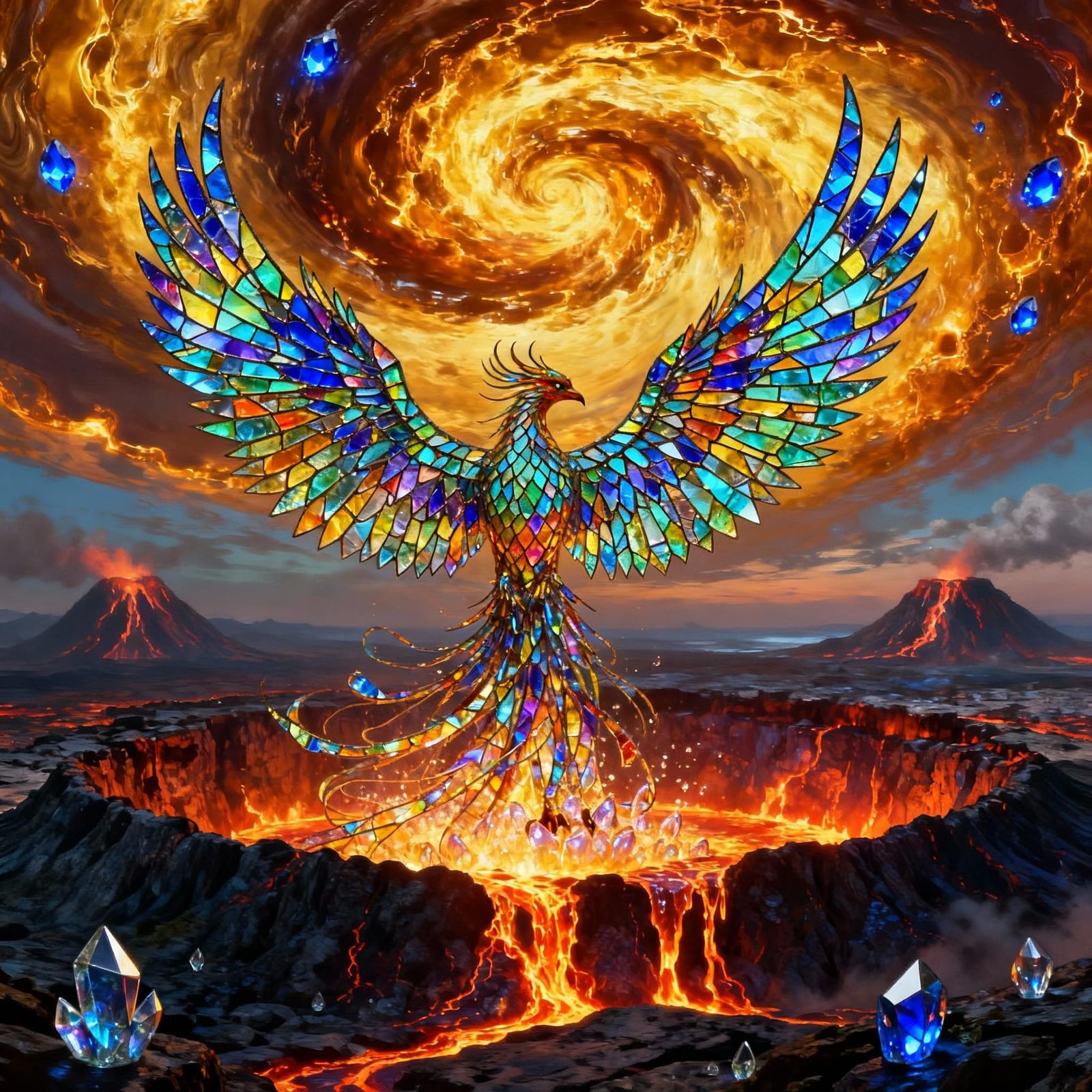 Iridescent Glass Phoenix Rises From Volcanic Caldera