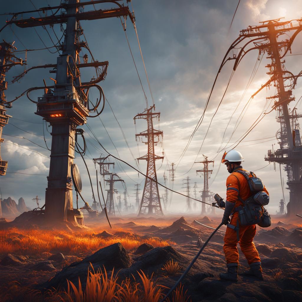 Men Working on Powerline in Detailed Matte Painting