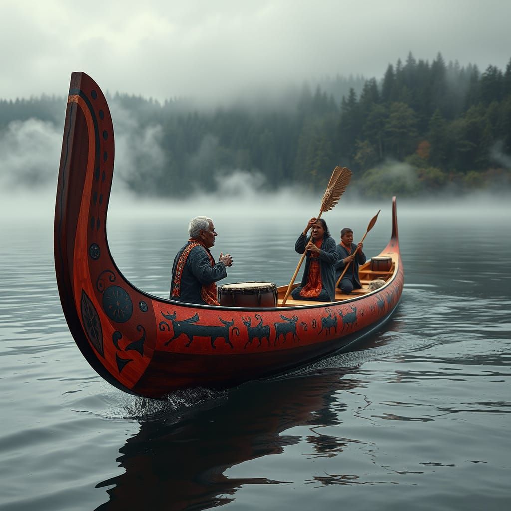 Indigenous Canoe Ceremony in Misty Pacific Northwest
