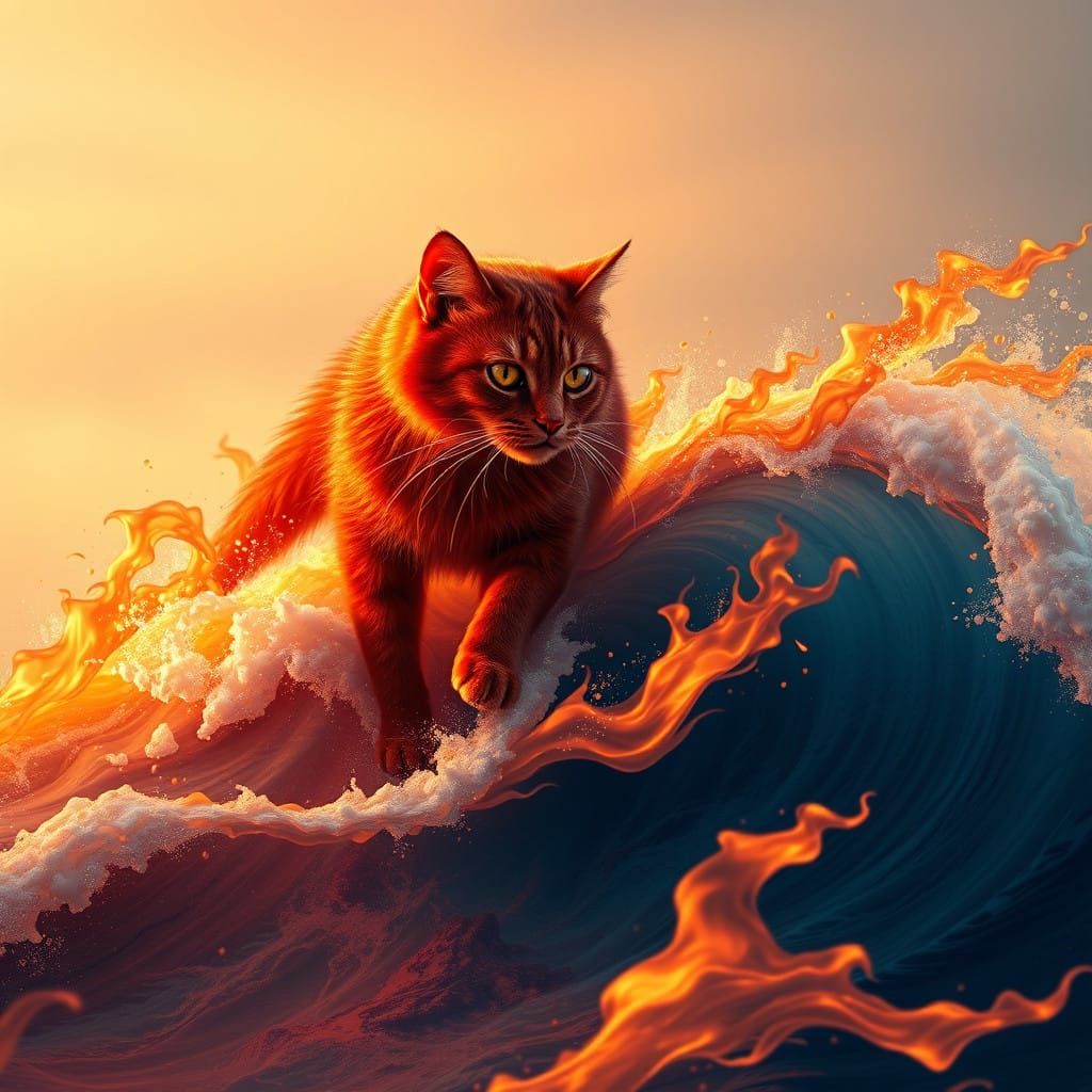 Majestic Red Cat Rides Fiery Wave in Surreal Cyberpunk Art