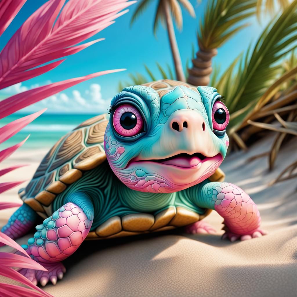 Cute Pink Turtle on Hyperdetailed Tropical Beach
