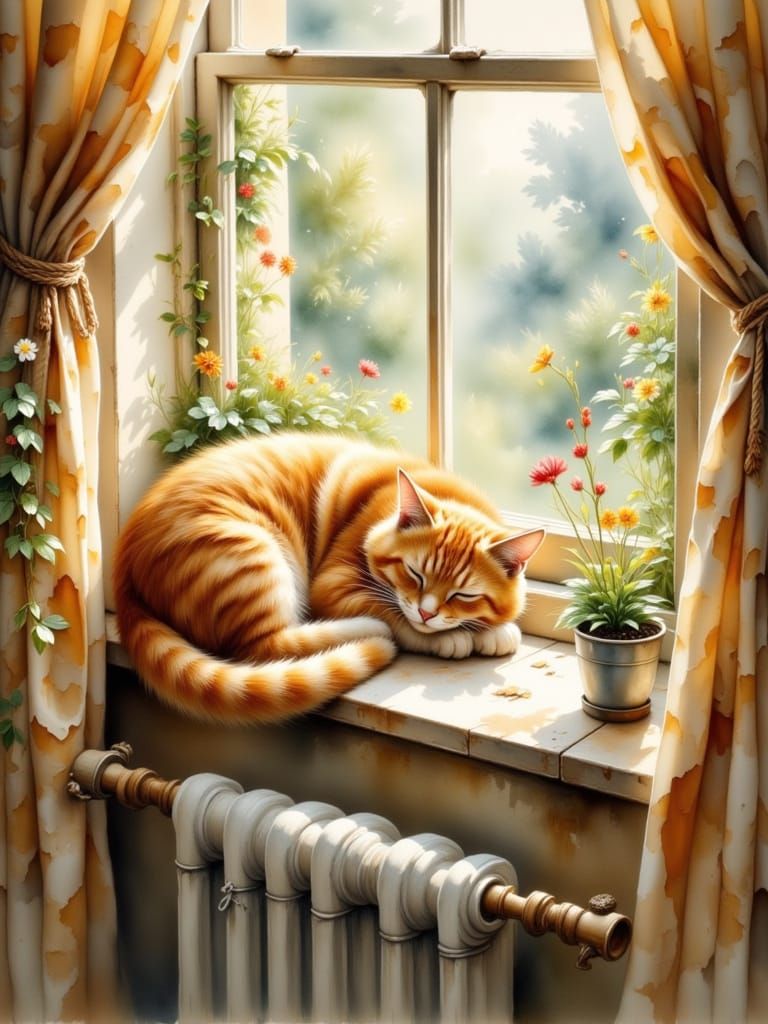 A ginger cat sleeping on windowsill