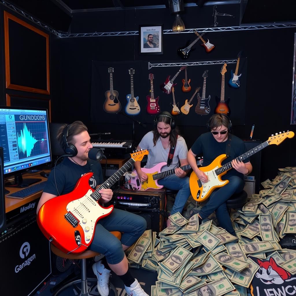Band Records Album in Money Pile
