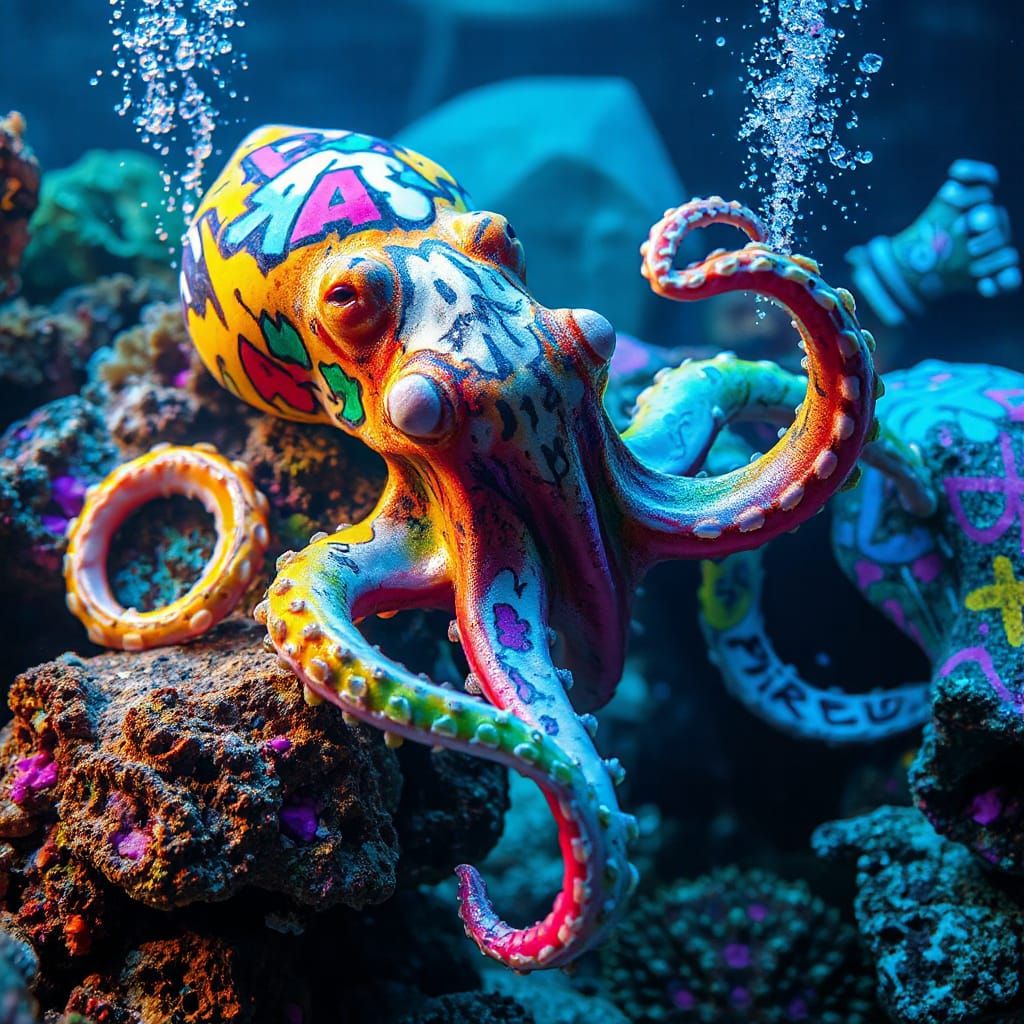Graffiti Squid Camouflages in Artistic Underwater Scene