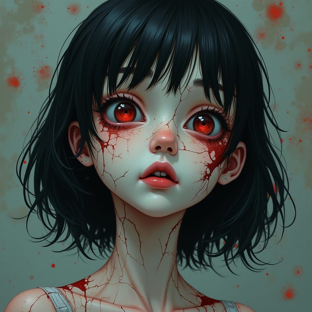 Girl with Fractured Doll Skin in Haunting Anime Style