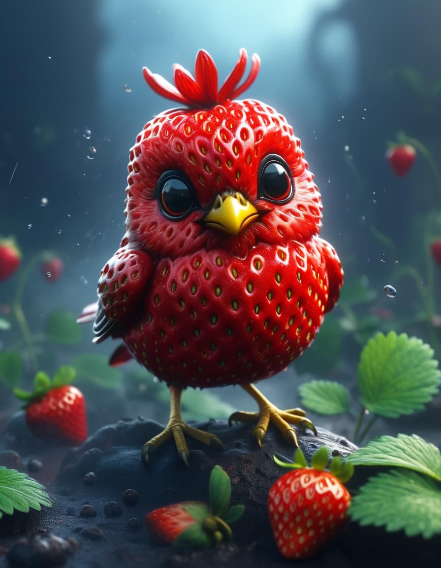 Strawberry Bird in a Fantastical Digital Painting