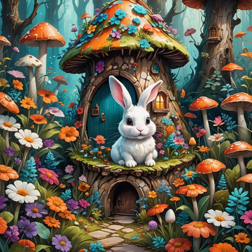 Cute White Bunny in Mushroom House: Fantasy Art