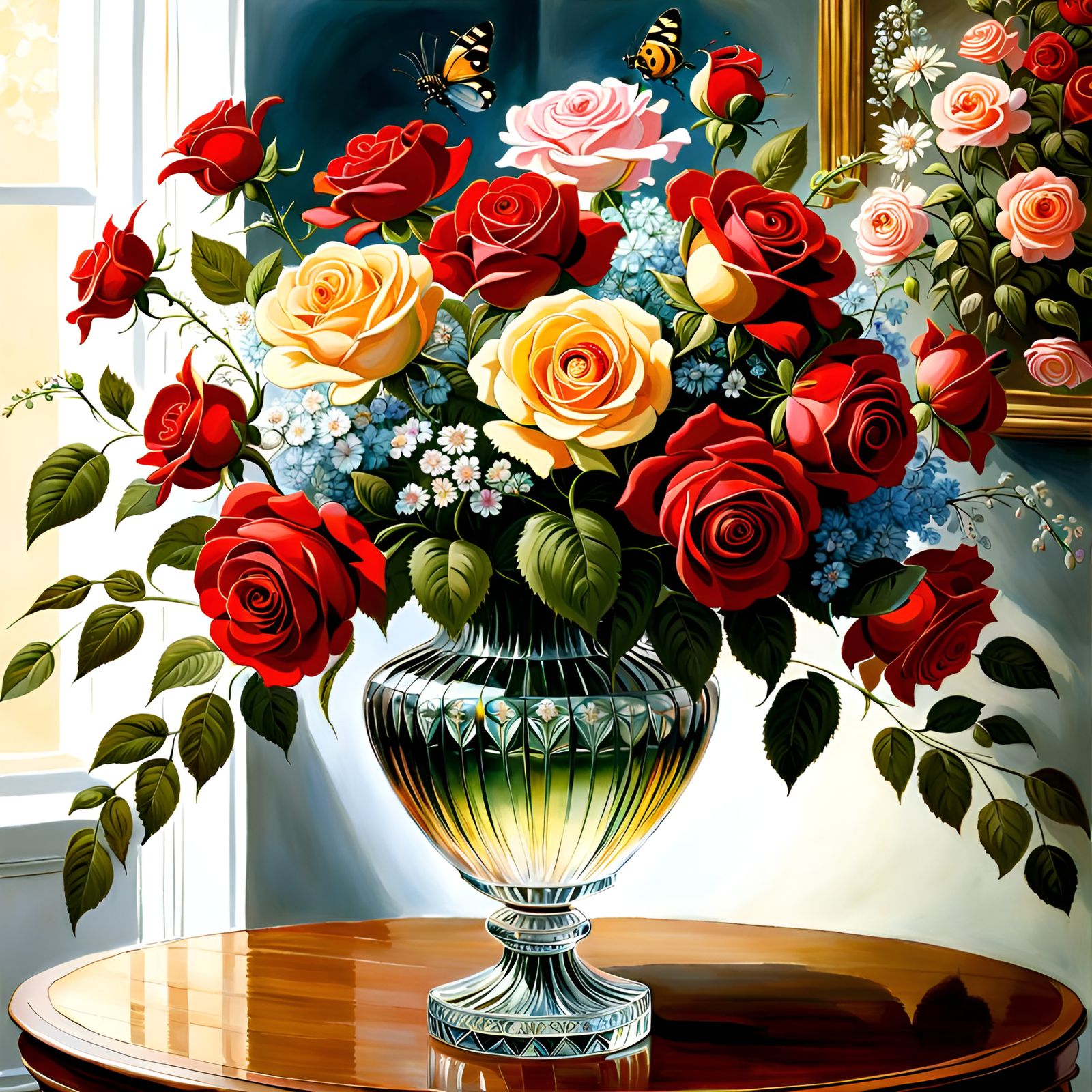 vase of roses and mother's breath flowers in a beautiful crystal vase, style of  John Constable, lady bug sits on a leaf...