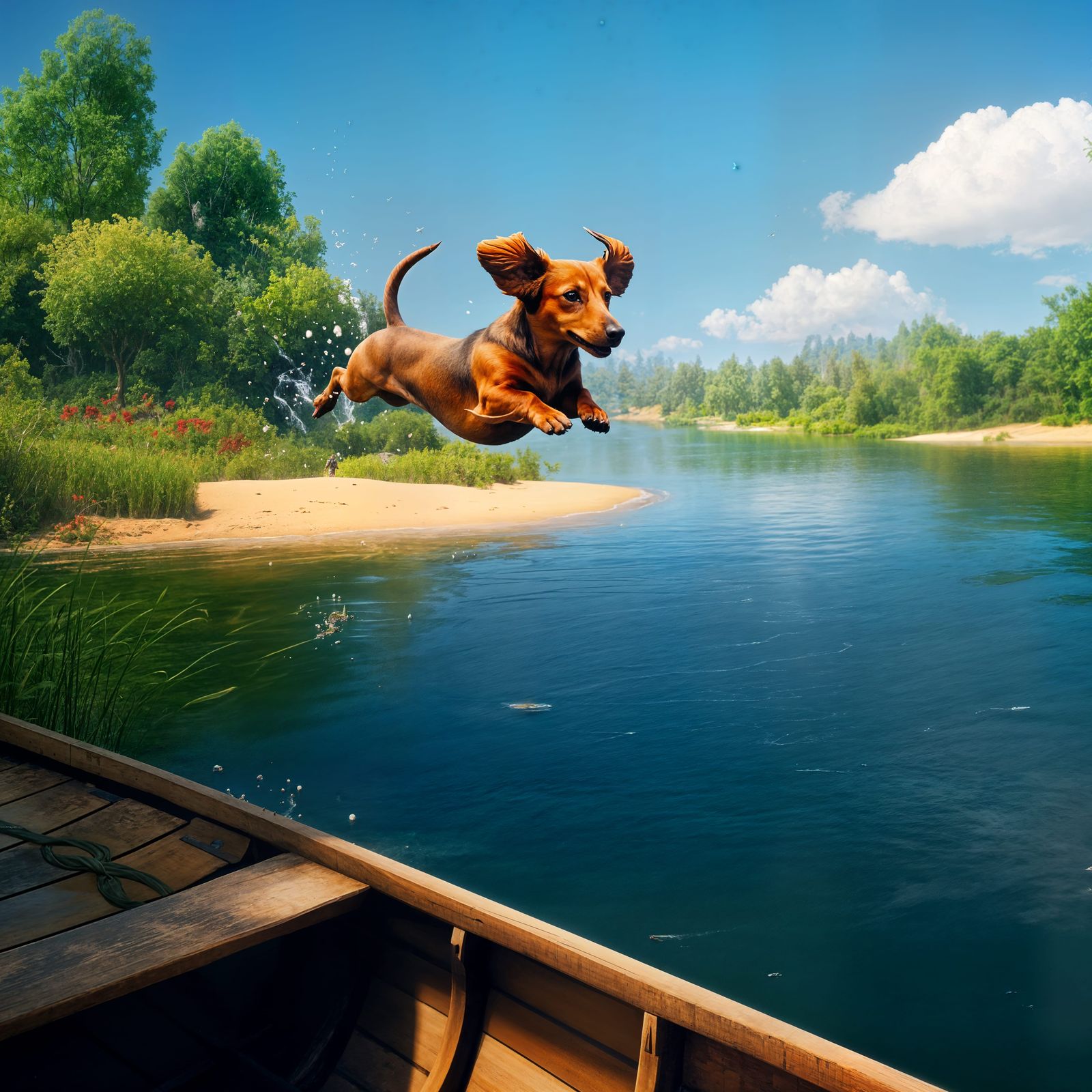 Happy Dachshund Leaping From Boat Into Lake