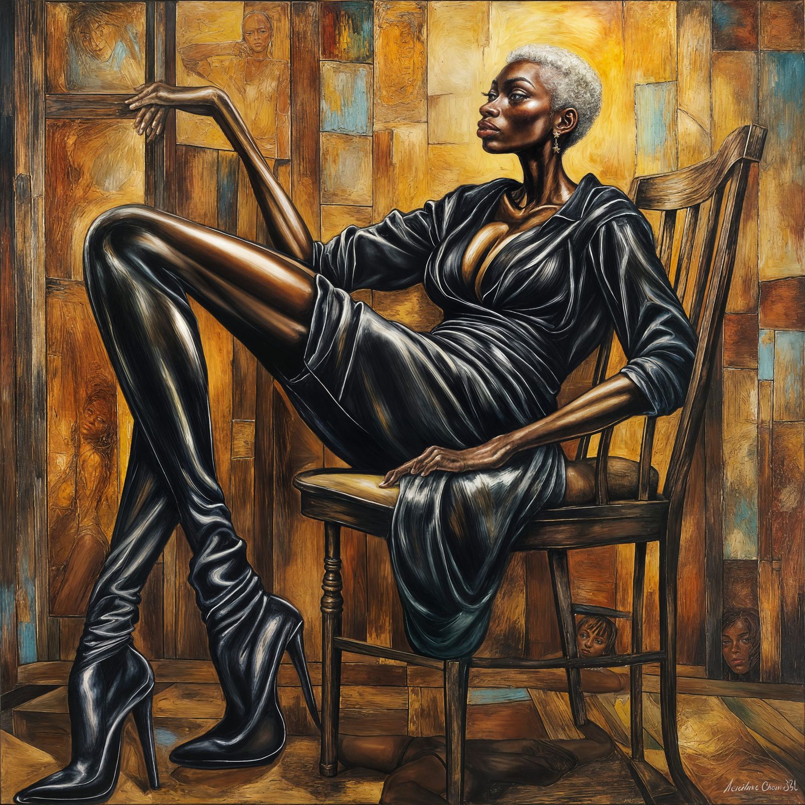 Confident Woman in Avant-Garde Dress: Expressionist Oil Pain...