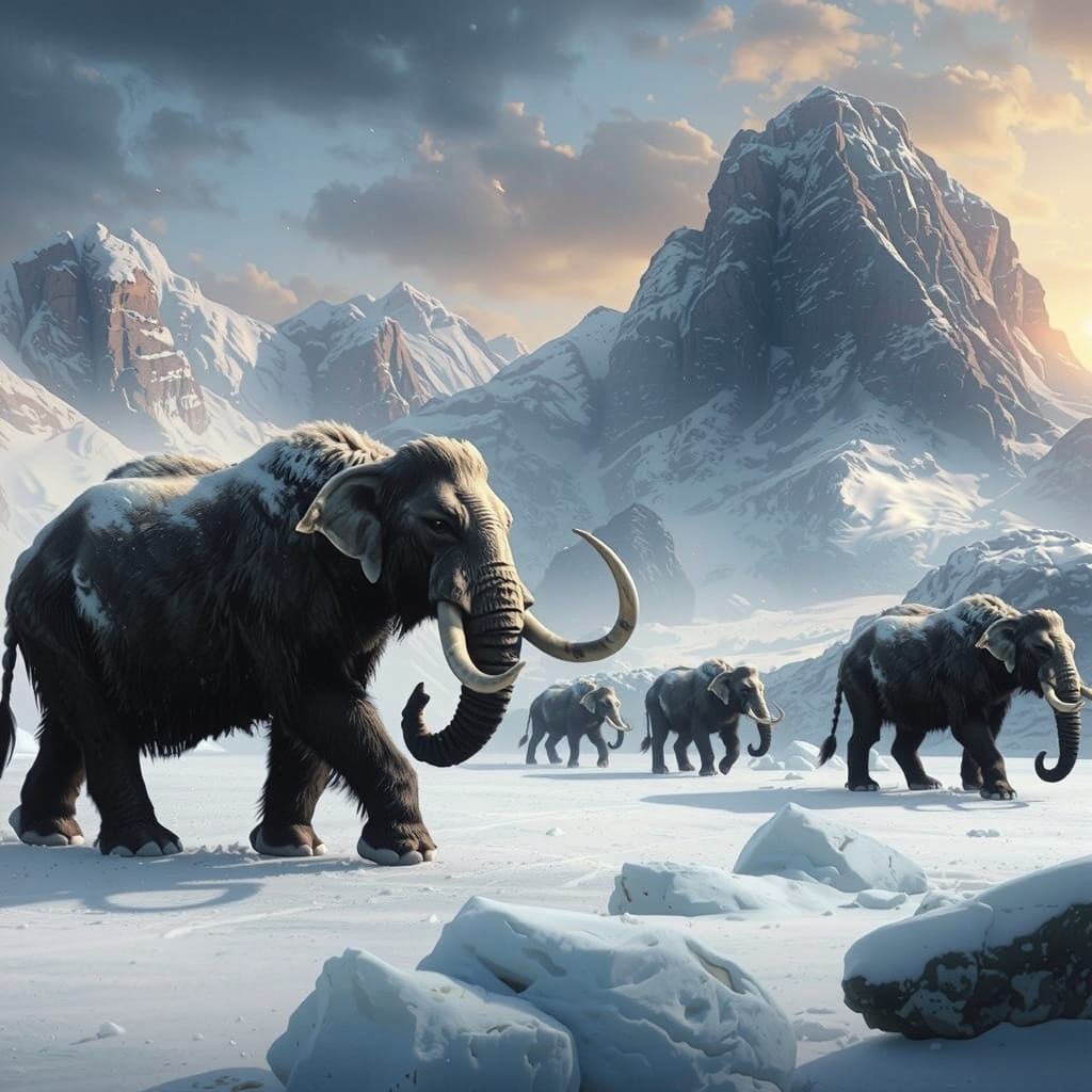 Mammoths and Sabertooth Cats in a Digital Painting