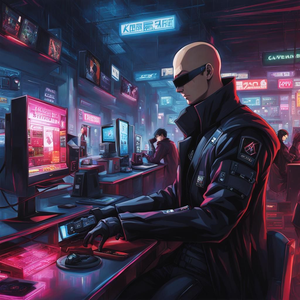 Cyberpunk Hitman in Dystopian Cyber Cafe: Anime Style