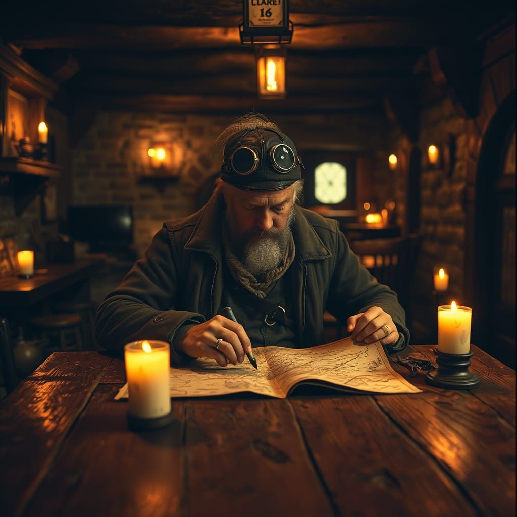 Explorer Plans Journey in Cozy Tavern, Sepia Tones