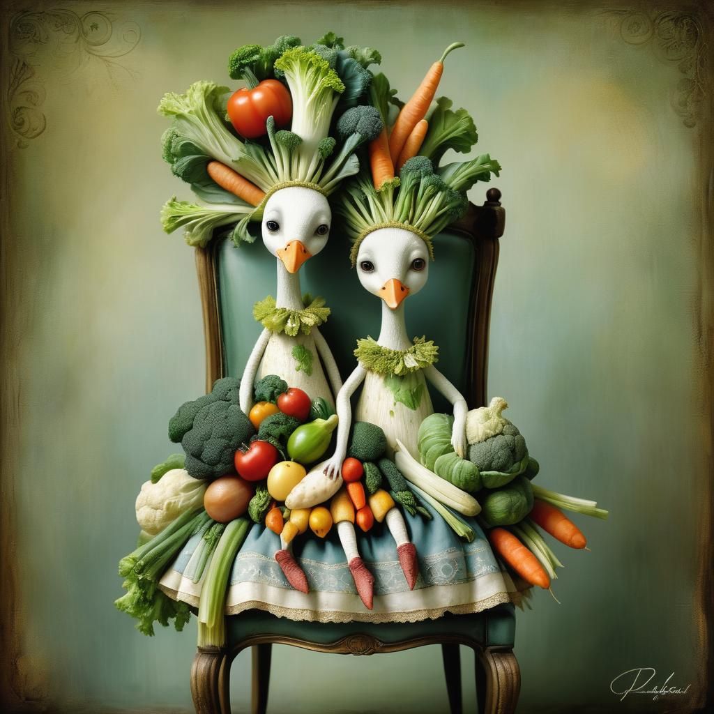 Surreal Vegetable Figures with Goose, Impasto Painting