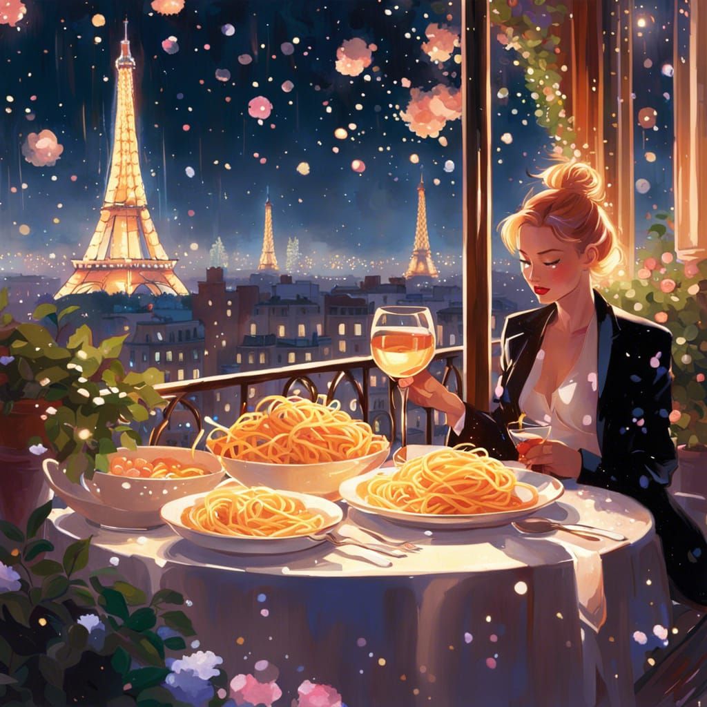 Delicious Pasta with Eiffel Tower View, Dreamy Illustration